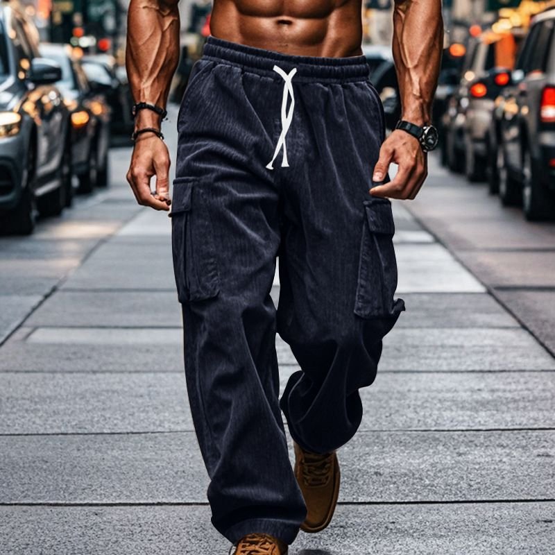 Men Spring Autumn Fashion Leisure Solid Color Rib-Knit Corduroy Wide Cargo Pants