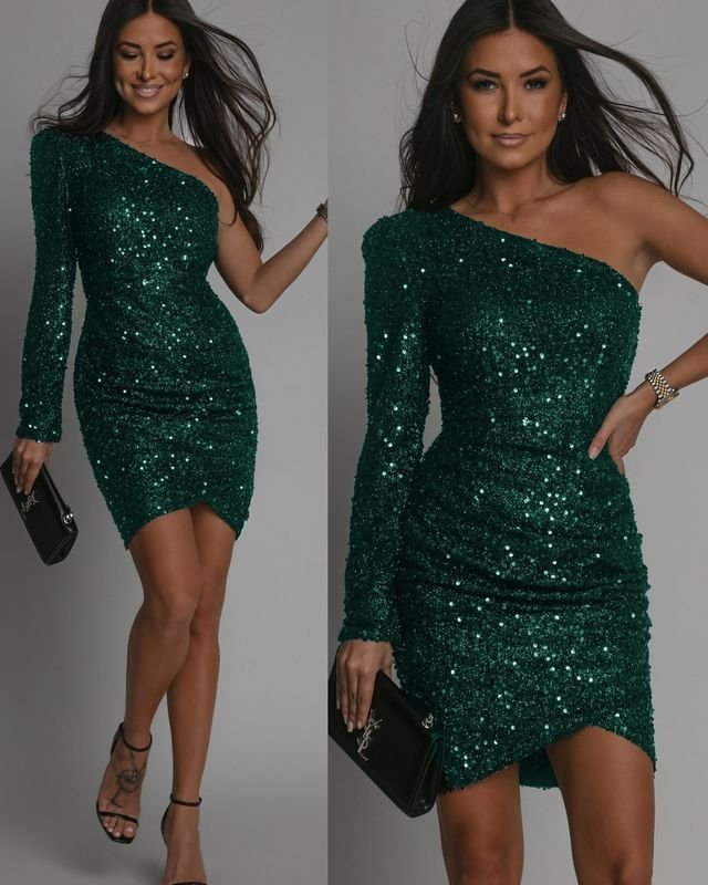 Women Fashion Sexy Oblique Shoulder Sequins Long Sleeve Party Dress
