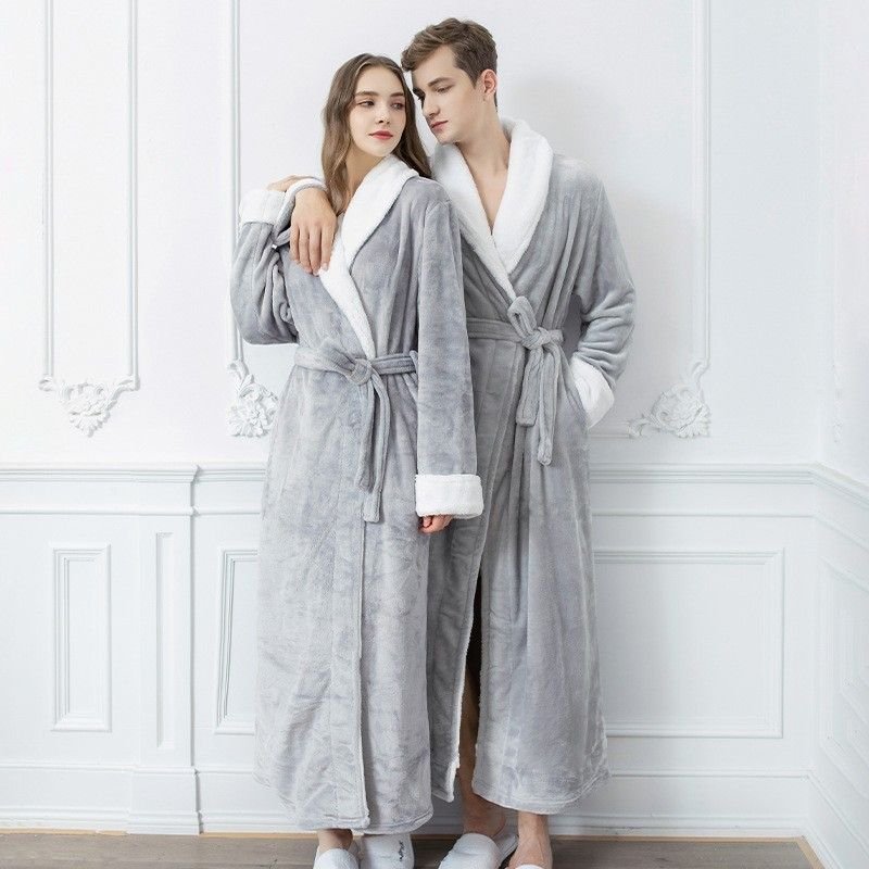 Couples Winter Fashion Casual Home Solid Color Flannel Lapel Long Sleeve Robes Sleepwear