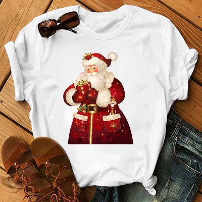 Summer Women Fashion Cartoon Christmas Snowman Santa Claus Print Round Neck Short Sleeve T-Shirt