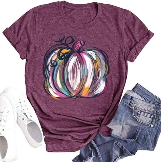 Women Thanksgiving Pumpkin Print Colored Cotton T-Shirt