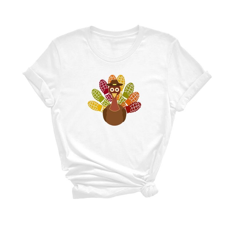 Thanksgiving Clothing Turkey White Base Hot Stamping Printed Round Neck Short-Sleeved Women'S Casual Top T-Shirt