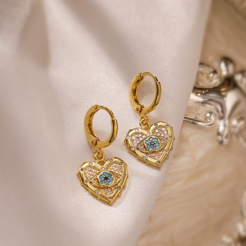 Women Fashion Heart-Shaped Rhinestone Devil Eye Pendant Favorite Earrings