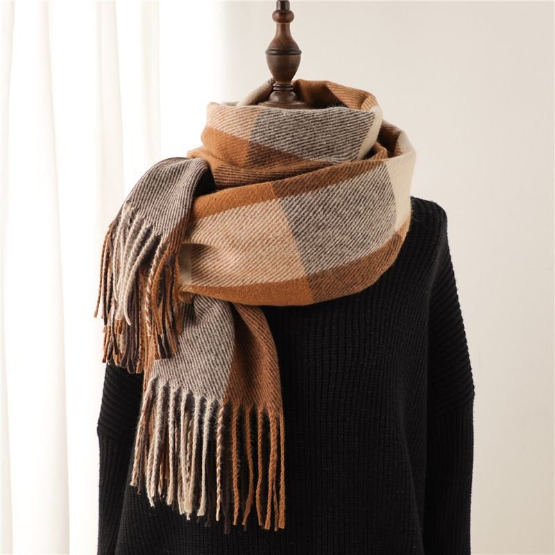 Autumn Winter Women Fashion Thickened Warm Plaid Tassel Scarf