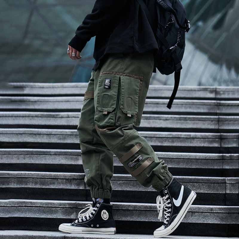 Men Fashion Casual Street Tide Alphabet Drawstring Waist Cargo Pants