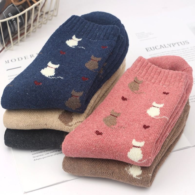 Neutral Simple Folk Wind Warm Thick Geometric Knitted Socks 5 Pairs-Bag