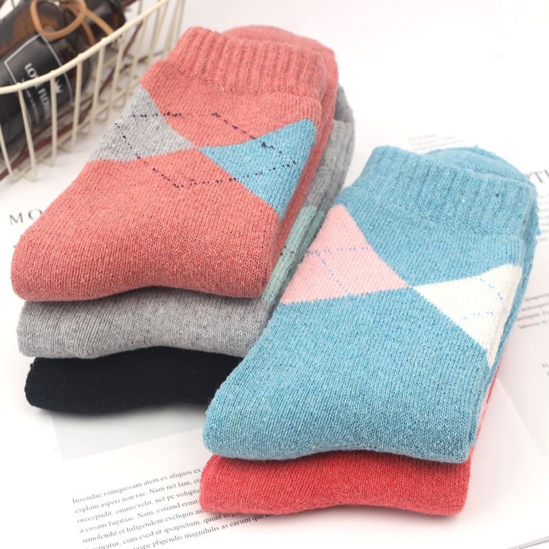 Neutral Simple Folk Wind Warm Thick Geometric Knitted Socks 5 Pairs-Bag