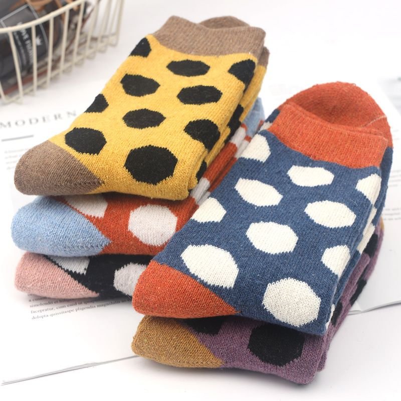 Neutral Simple Folk Wind Warm Thick Geometric Knitted Socks 5 Pairs-Bag