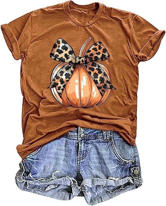 Women Thanksgiving Pumpkin Print Colored Cotton T-Shirt