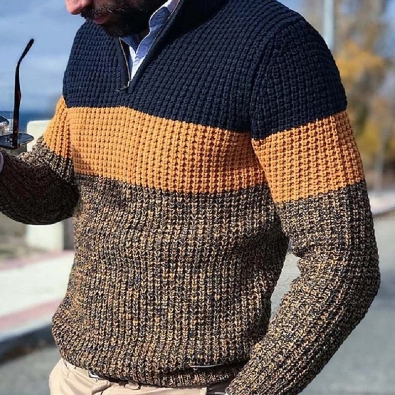 Men Fashion Casual Autumn Winter Color Matching Long Sleeve Half Zipper Knitted Sweater