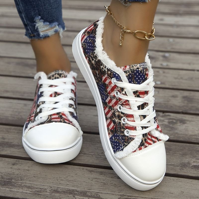 Summer Women Casual Plus Size Flag Star Stripe Print Round Toe Canvas Sneaker