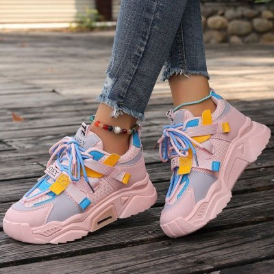 Women Fashion Retro Breathable Round Toe Lace-Up Thick-Soled Sneaker