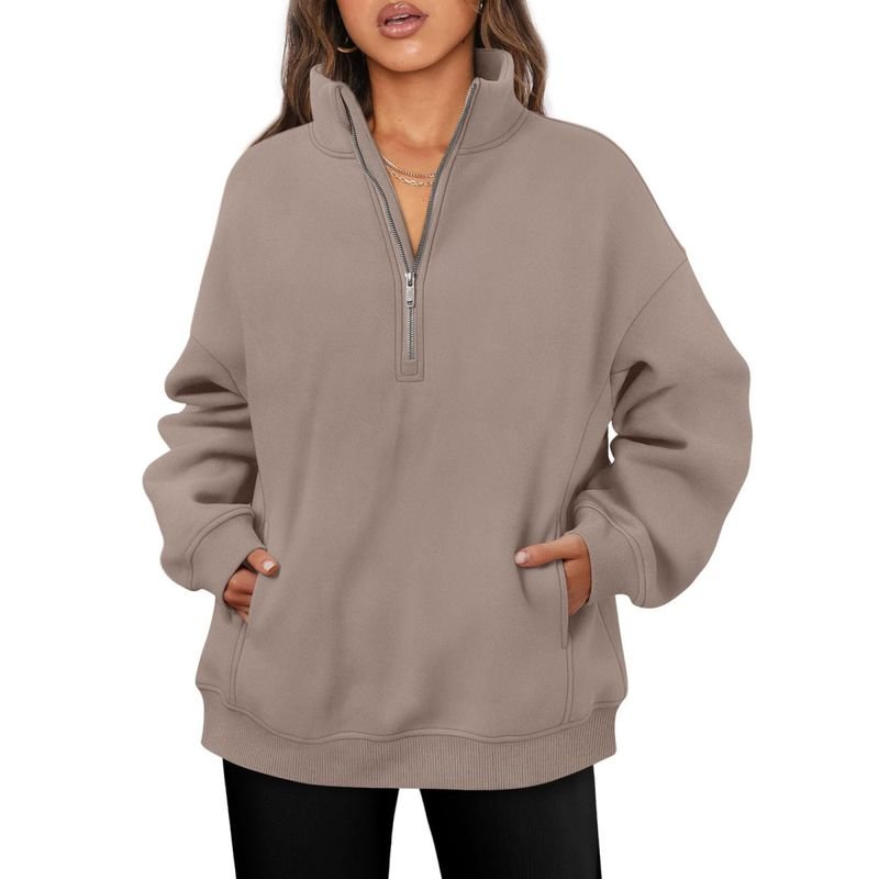 Women Fashionable Solid Color Thickened Long Sleeve Sweatshirt With Half Zip Collar