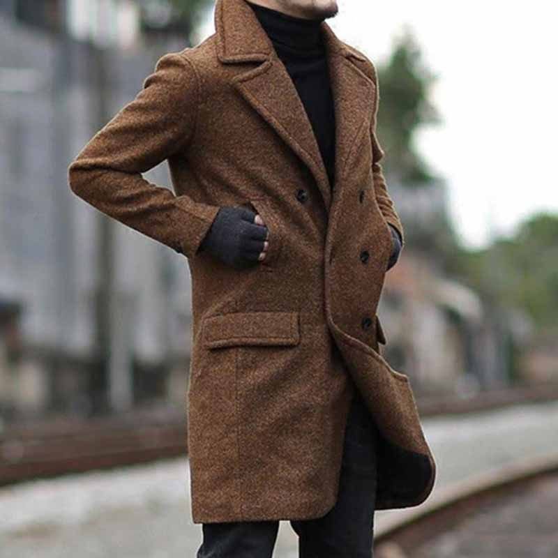 Men Fashion Casual Spring Autumn Basic Long Sleeve Lapel Woolen Trench Coat