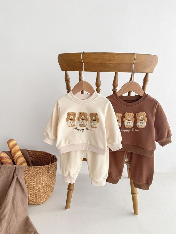 Kids Baby Boys Girls Casual Cute Cartoon Bear Alphabet Long Sleeve Sweatshirts Pants Sets