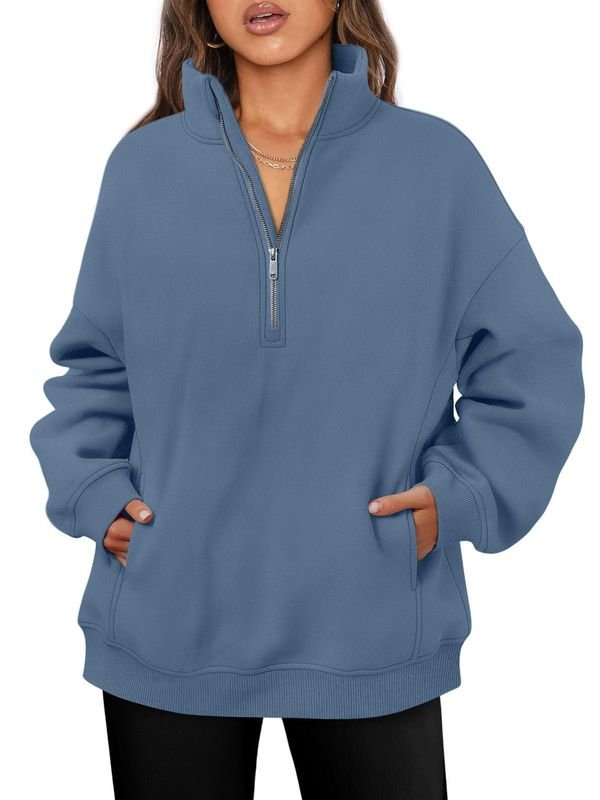 Women Fashionable Solid Color Thickened Long Sleeve Sweatshirt With Half Zip Collar