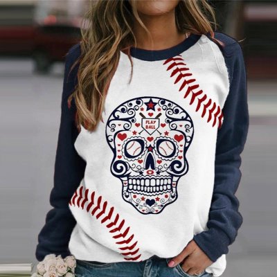 Women Fashion Casual Skull Maple Letters Print Crewneck Long Sleeve Sweatshirt