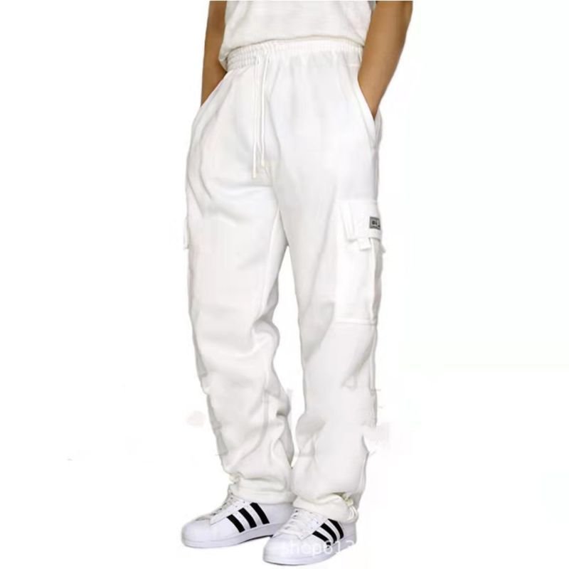 Men Autumn Winter Fashion Casual Athleisure Fleece Solid Color Plus Size Straight Cargo Pants