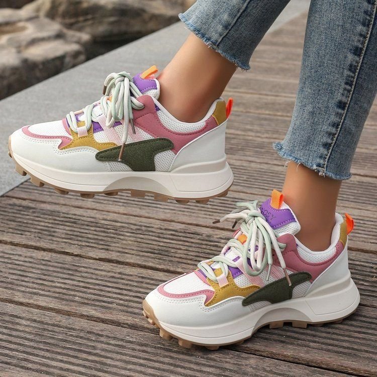 Women Fashion Vintage Multicolor Round Toe Lace-Up Thick-Soled Sneaker