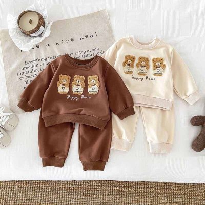 Kids Baby Boys Girls Casual Cute Cartoon Bear Alphabet Long Sleeve Sweatshirts Pants Sets