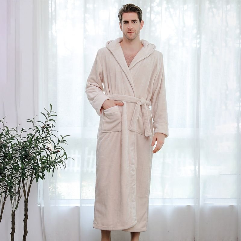 Men Winter Fashion Casual Home Solid Color Flannel Lapel Long Sleeve Hooded Robes Sleepwear