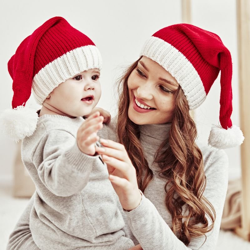 Autumn Winter Fashion Red Christmas Wool Ball Warm Knitted Wool Parent Hat