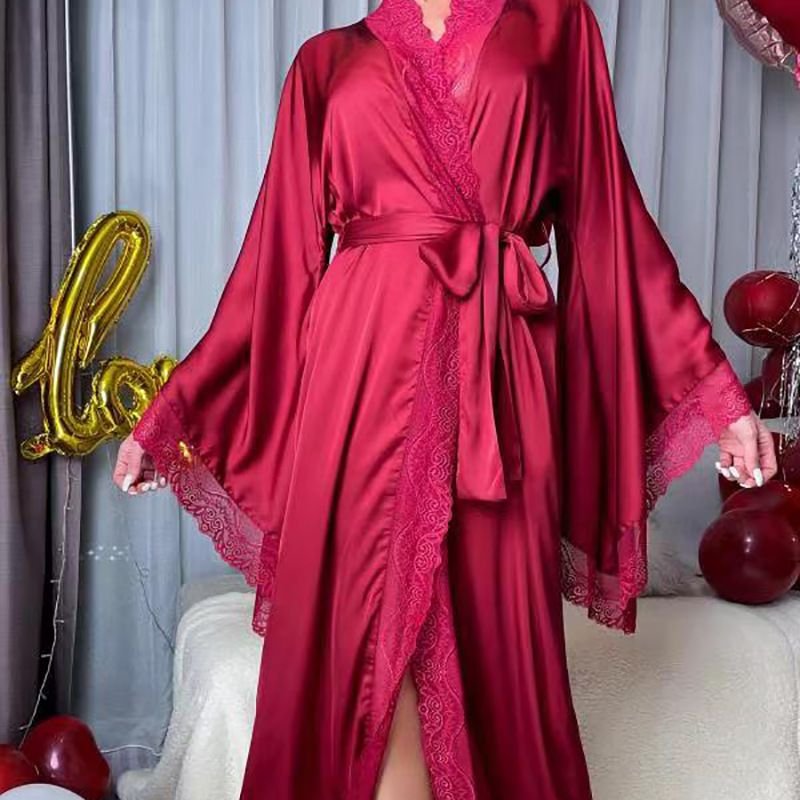 Women Fashion Sexy Lace Satin Long Sleeve Home Pajamas