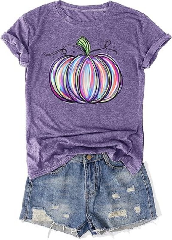 Women Thanksgiving Pumpkin Print Colored Cotton T-Shirt