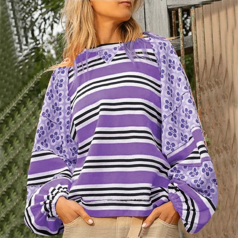 Autumn Winter Women Fashion Stripe Floral Printed Loose Round Neck Long Sleeve Sweatshirt