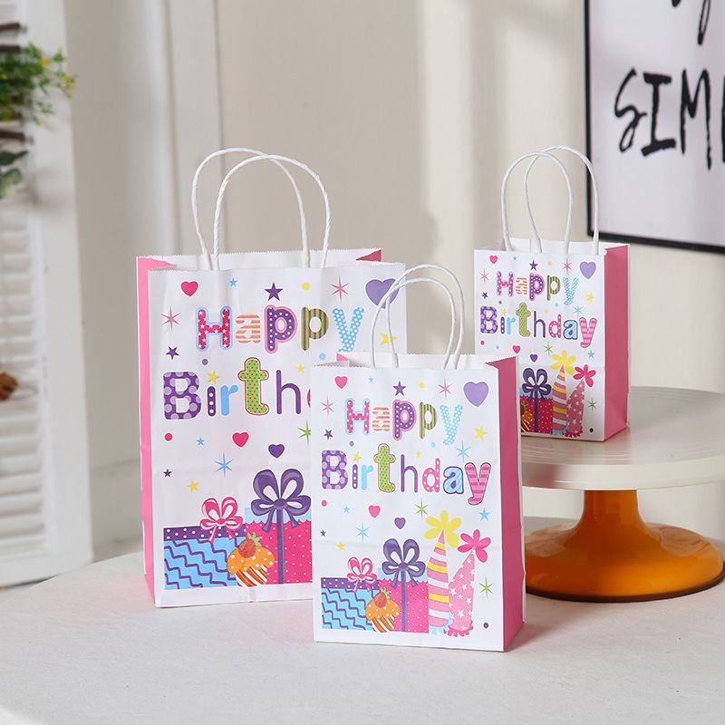 Fashion Happy Birthday Creative Cartoon Pattern Kraft Paper Handle Package Storage Bag