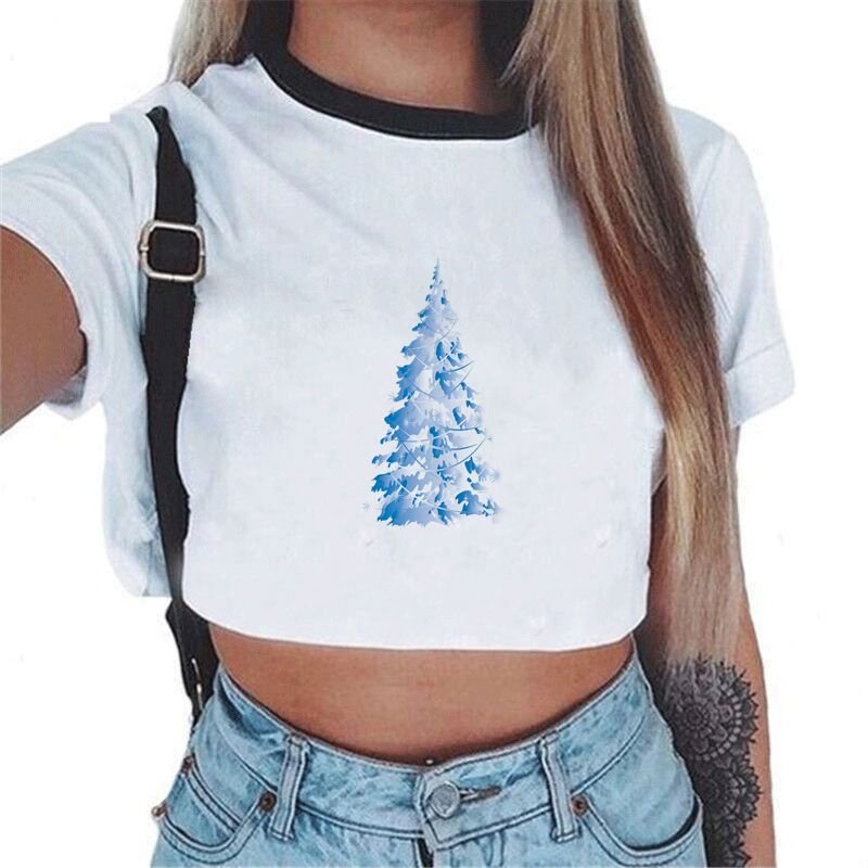 Women Fashion Christmas Tree Santa Print Round Neck Short Sleeve Crop T-Shirt