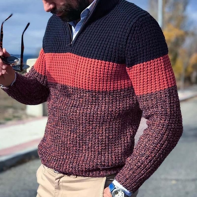 Men Fashion Casual Autumn Winter Color Matching Long Sleeve Half Zipper Knitted Sweater