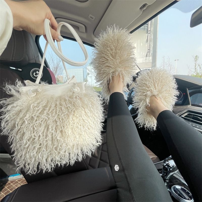 Plus Size Women Fashion Plush Solid Color Flat Slipper Shoulder Bag Set