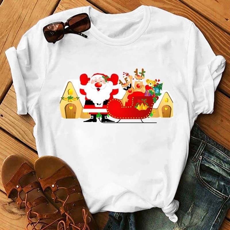 Summer Women Fashion Cartoon Christmas Snowman Santa Claus Print Round Neck Short Sleeve T-Shirt