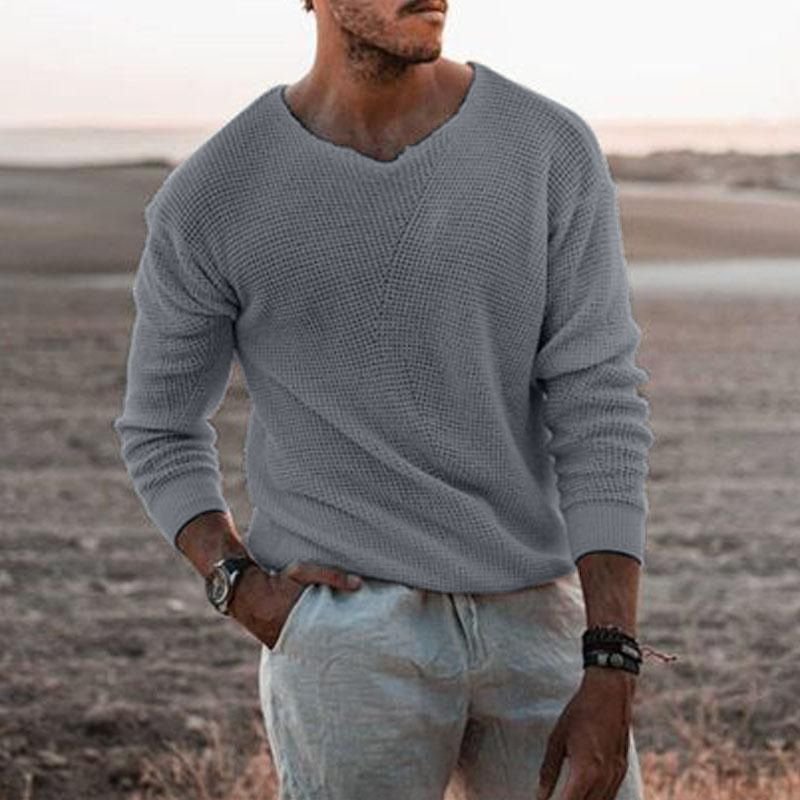 Men Knitwear Casual Loose V-Neck Long Sleeve Pullover Sweater