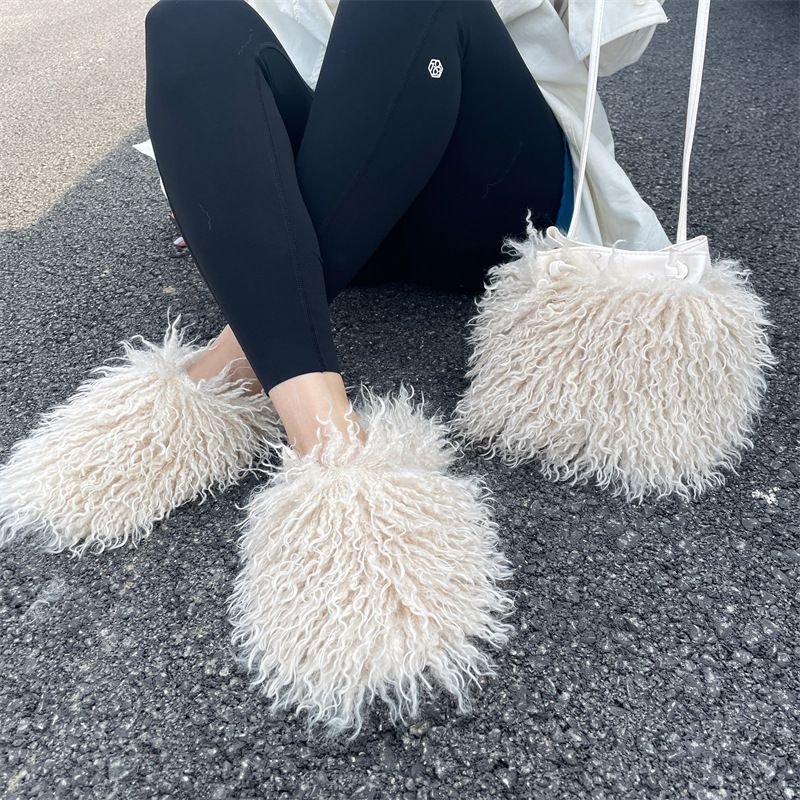 Plus Size Women Fashion Plush Solid Color Flat Slipper Shoulder Bag Set