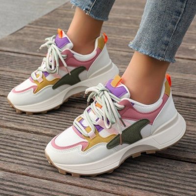 Women Fashion Vintage Multicolor Round Toe Lace-Up Thick-Soled Sneaker