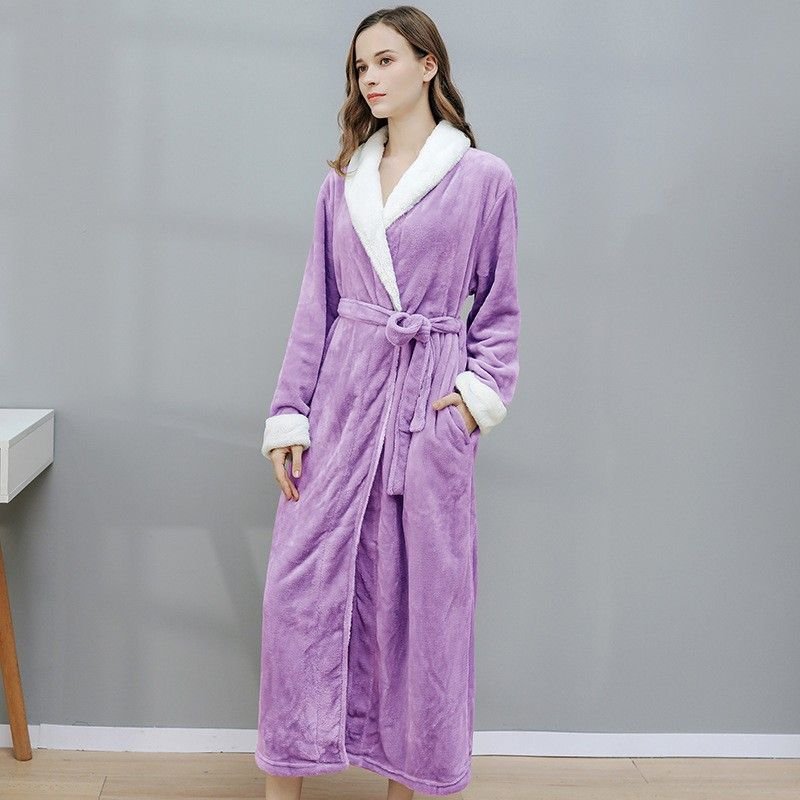 Couples Winter Fashion Casual Home Solid Color Flannel Lapel Long Sleeve Robes Sleepwear