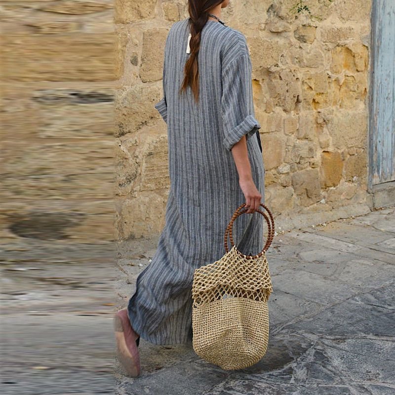 Women Fashion Casual Cotton Linen Yarn-Dyed Striped Loose Maxi Dress