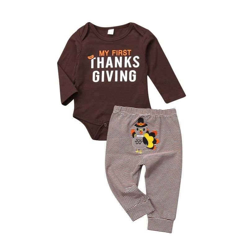 Kids Baby Boys Girls Casual Cute Thanksgiving Alphabet Print Long Sleeve Romper Trousers Sets