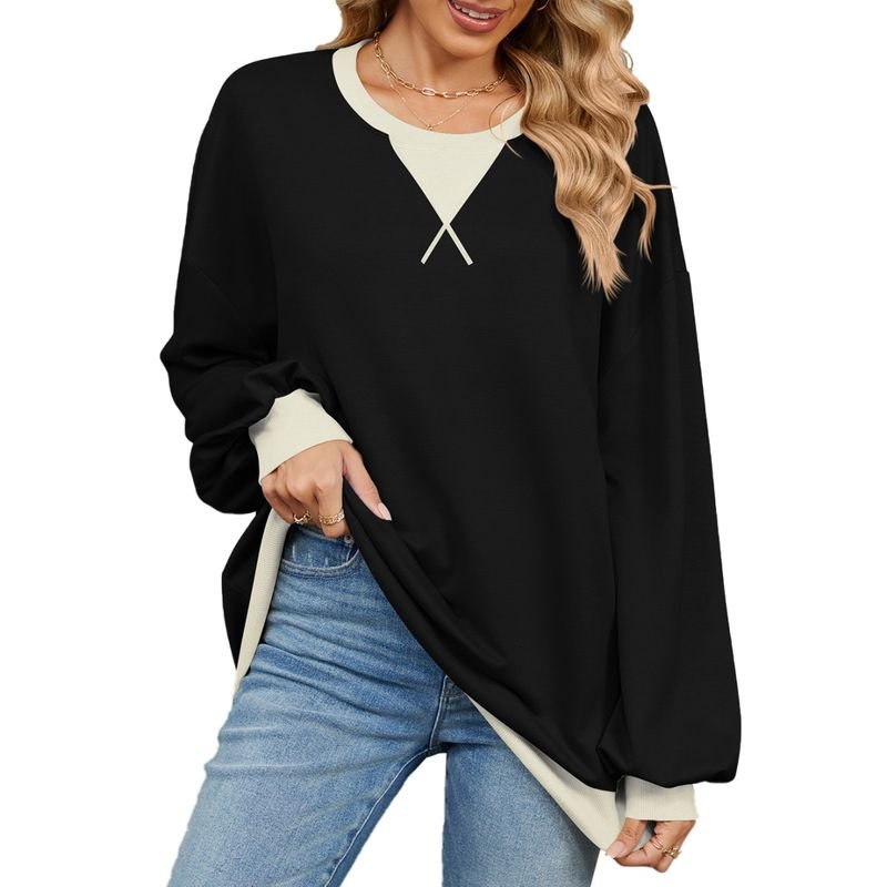 Women Fashion Simple Color Block Crewneck Long Sleeve Sweatshirt