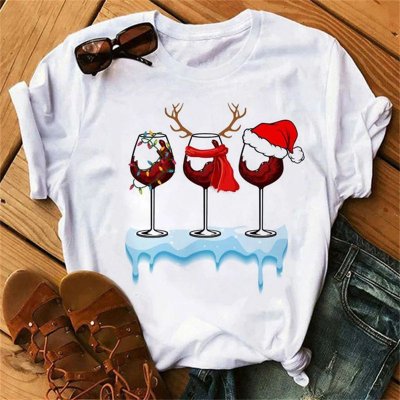 Summer Women Fashion Cartoon Christmas Wine Cup Christmas Hat Printed Round Neck Short Sleeve T-Shirt