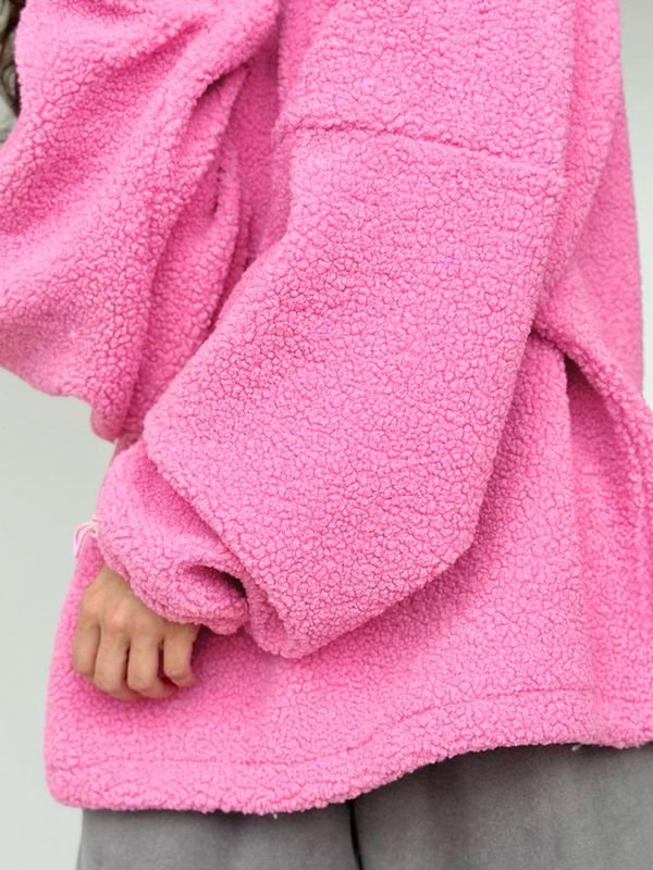 Women Fashion Winter Plush Pink Loose Stand Collar Sweatshirt