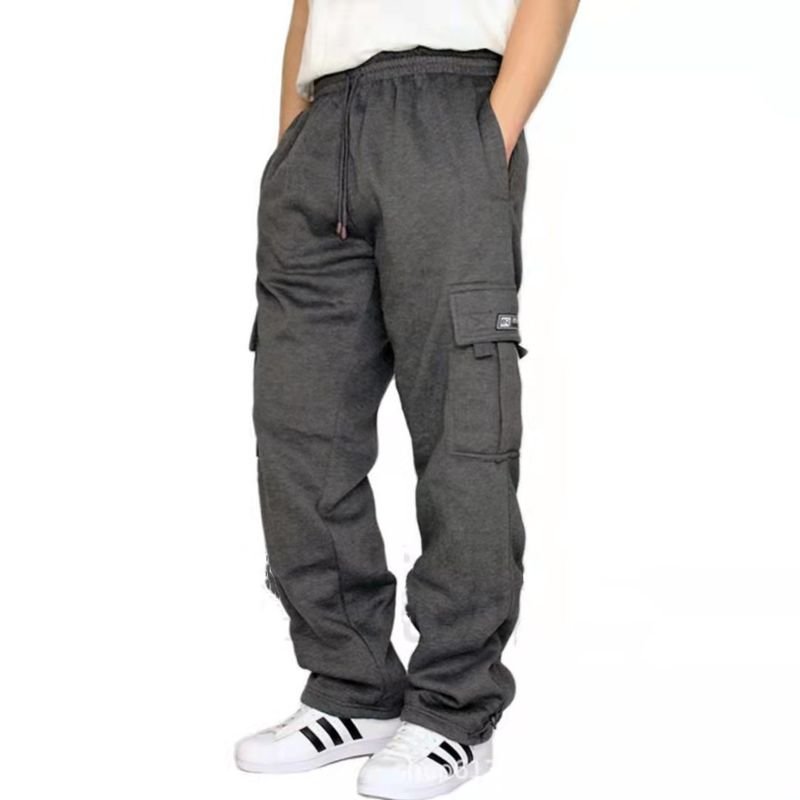 Men Autumn Winter Fashion Casual Athleisure Fleece Solid Color Plus Size Straight Cargo Pants