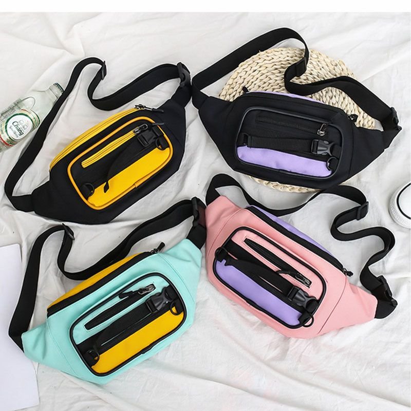 Women Fashion Trend Multi Pocket Design Color Blocking Canvas Chest Bag