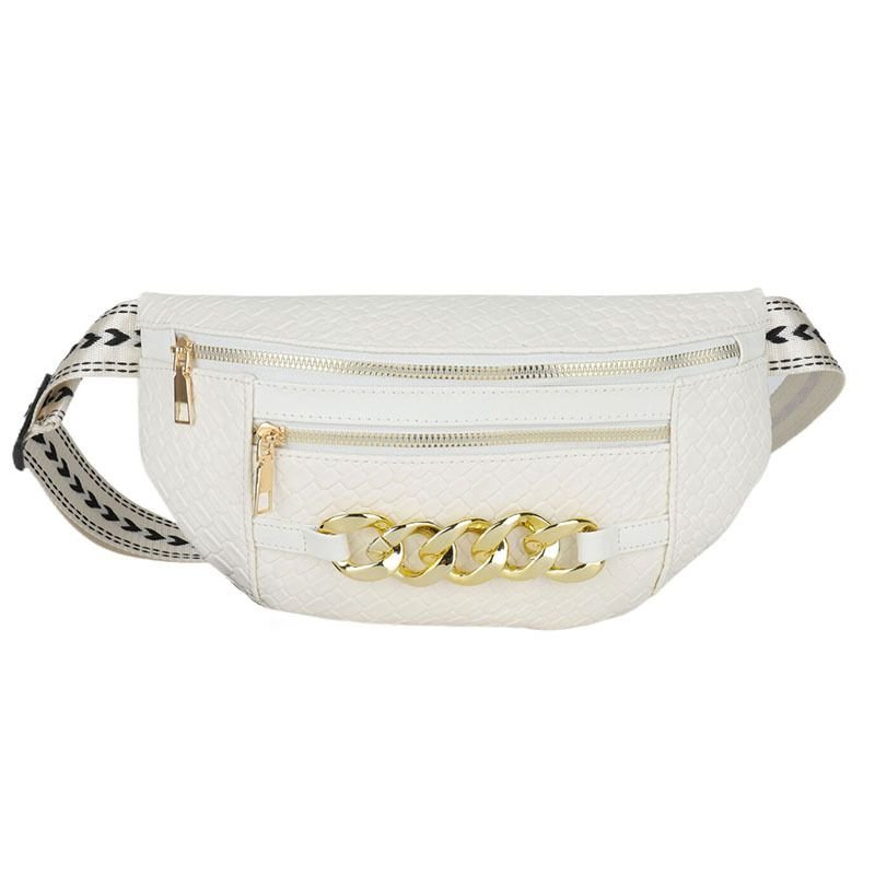 Women Fashion Double-Layer Zipper Metal Chain Decoration Wide Shoulder Strap Chest Bag