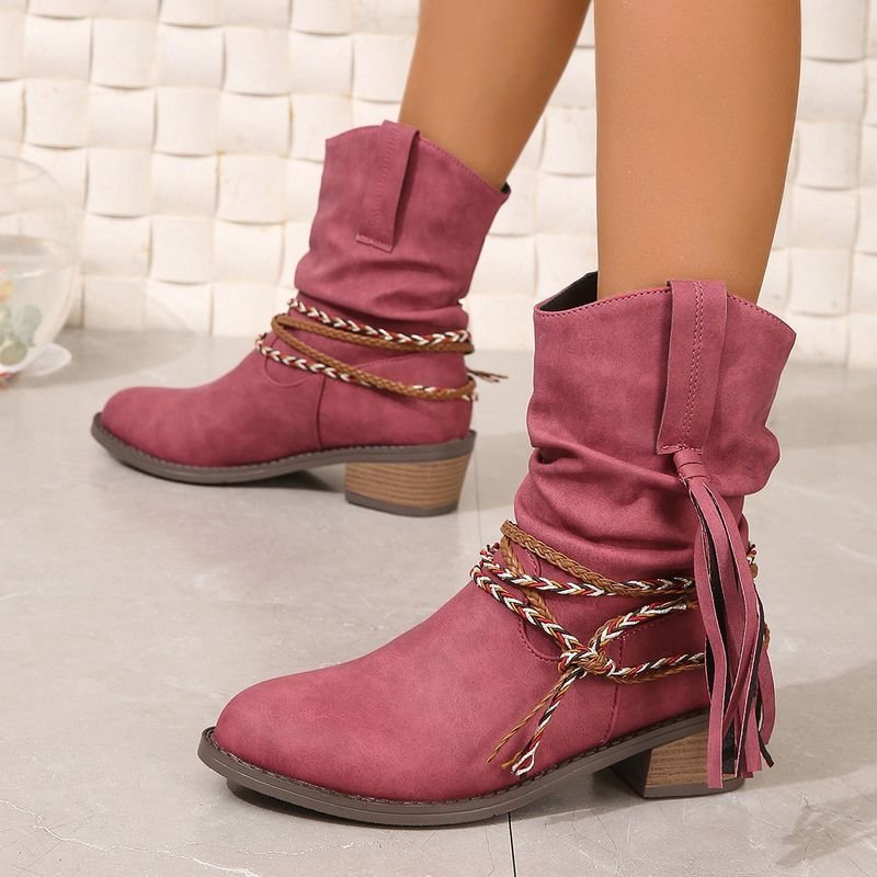 Autumn And Winter Women Fashion Plus Size Retro Tassel Round Toe Short Boots