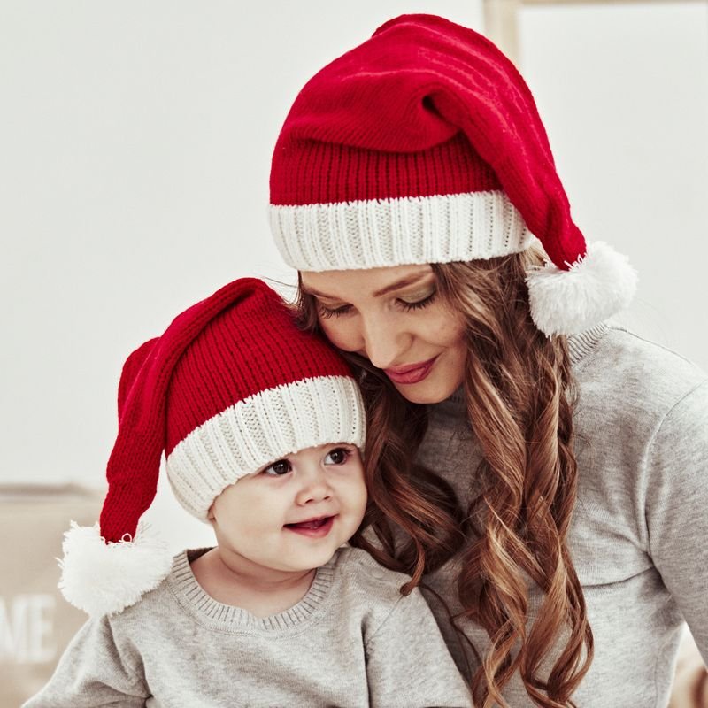 Autumn Winter Fashion Red Christmas Wool Ball Warm Knitted Wool Parent Hat