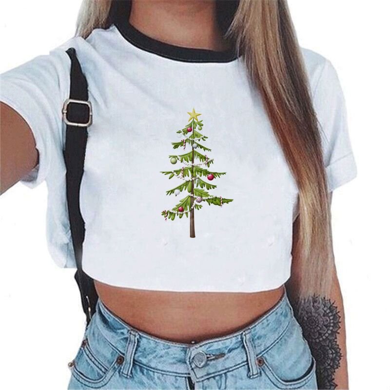 Women Fashion Christmas Tree Santa Print Round Neck Short Sleeve Crop T-Shirt