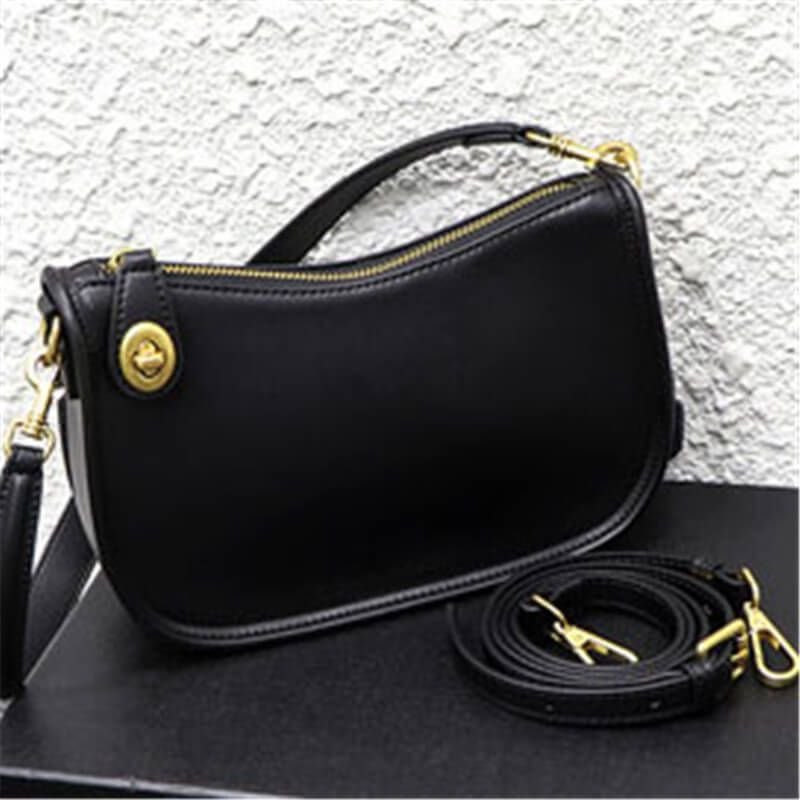 Women Fashion Solid Color Zipper Metal Decorative Genuine Leather Bag